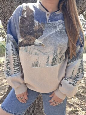 Vintage 90's AOP Artisans Bald Eagle Nature Print Sweatshirt Large Made in USA